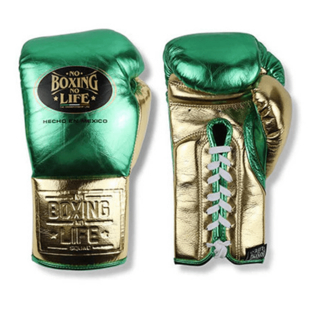 No Boxing No Life Green/Gold Boxing Gloves Premium Leather Training Pair
