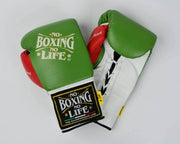 No Boxing No Life Green/White/Red Leather Boxing Gloves Classic Design Pair