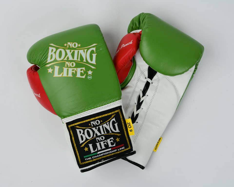 No Boxing No Life Green/White/Red Leather Boxing Gloves Classic Design Pair