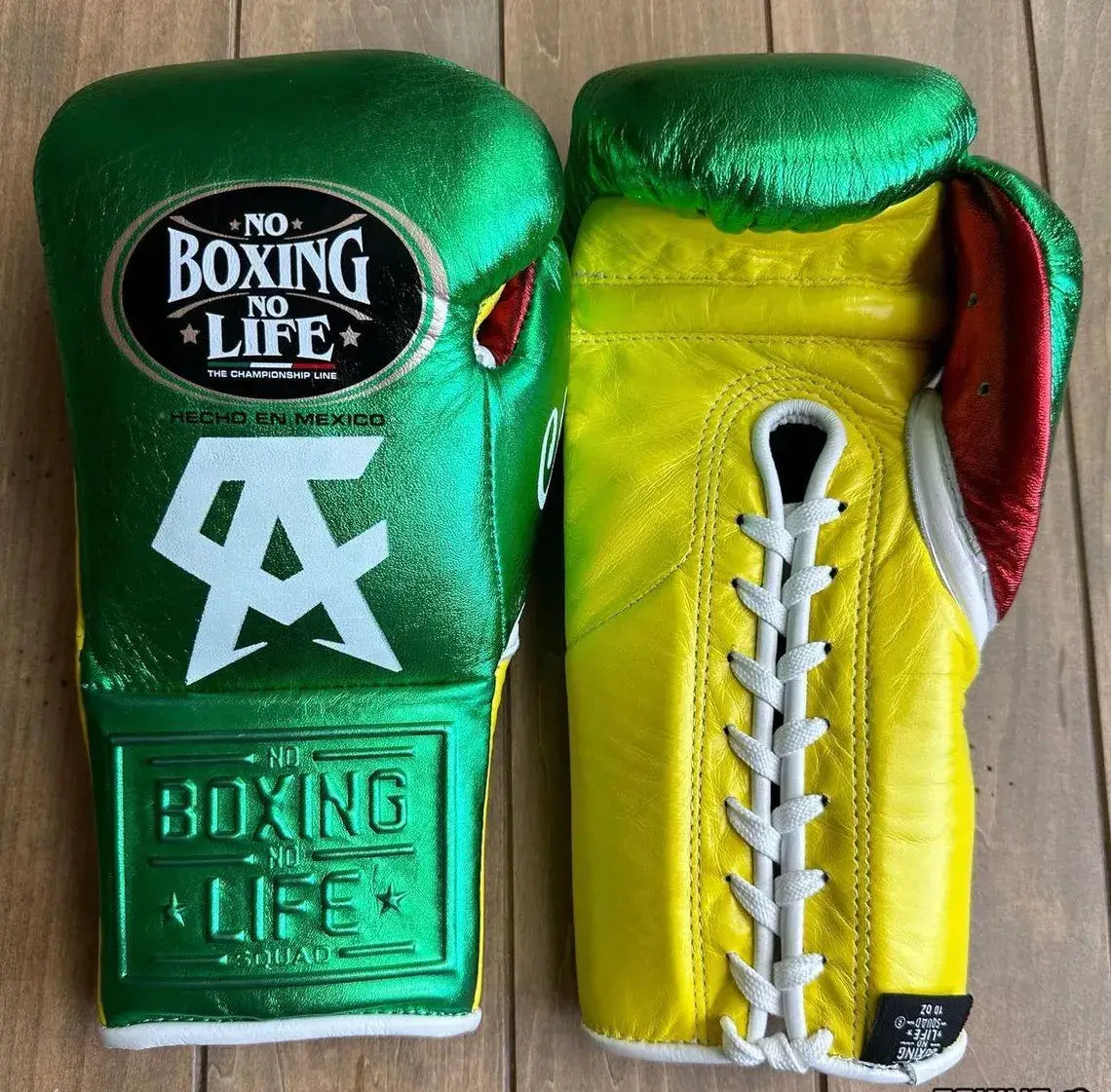 No Boxing No Life Boxing Gloves Green/Yellow/Red 14oz Leather Training Gloves