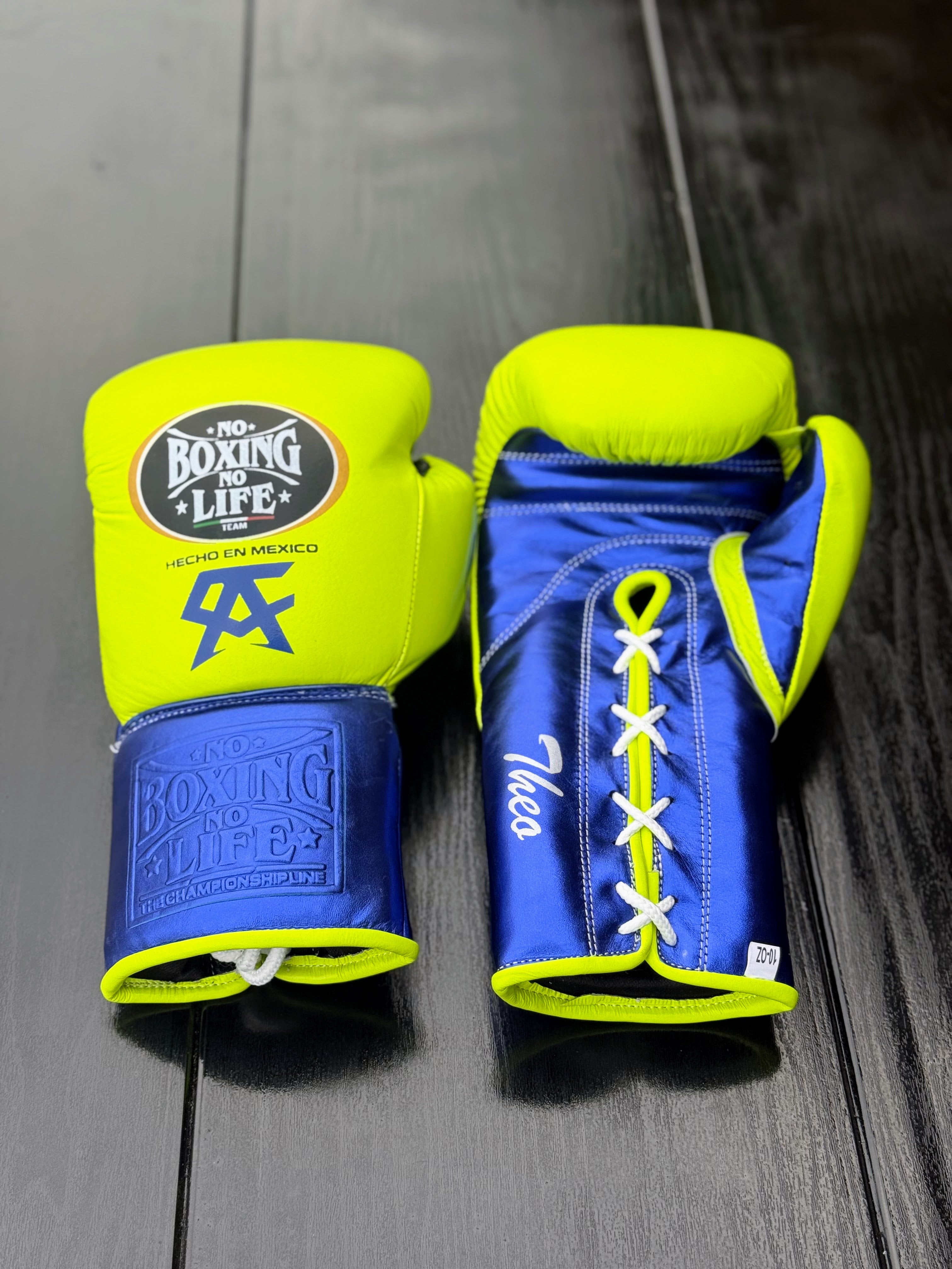 No Boxing No Life Gloves Parrot/Blue Padded Leather Gloves Front View