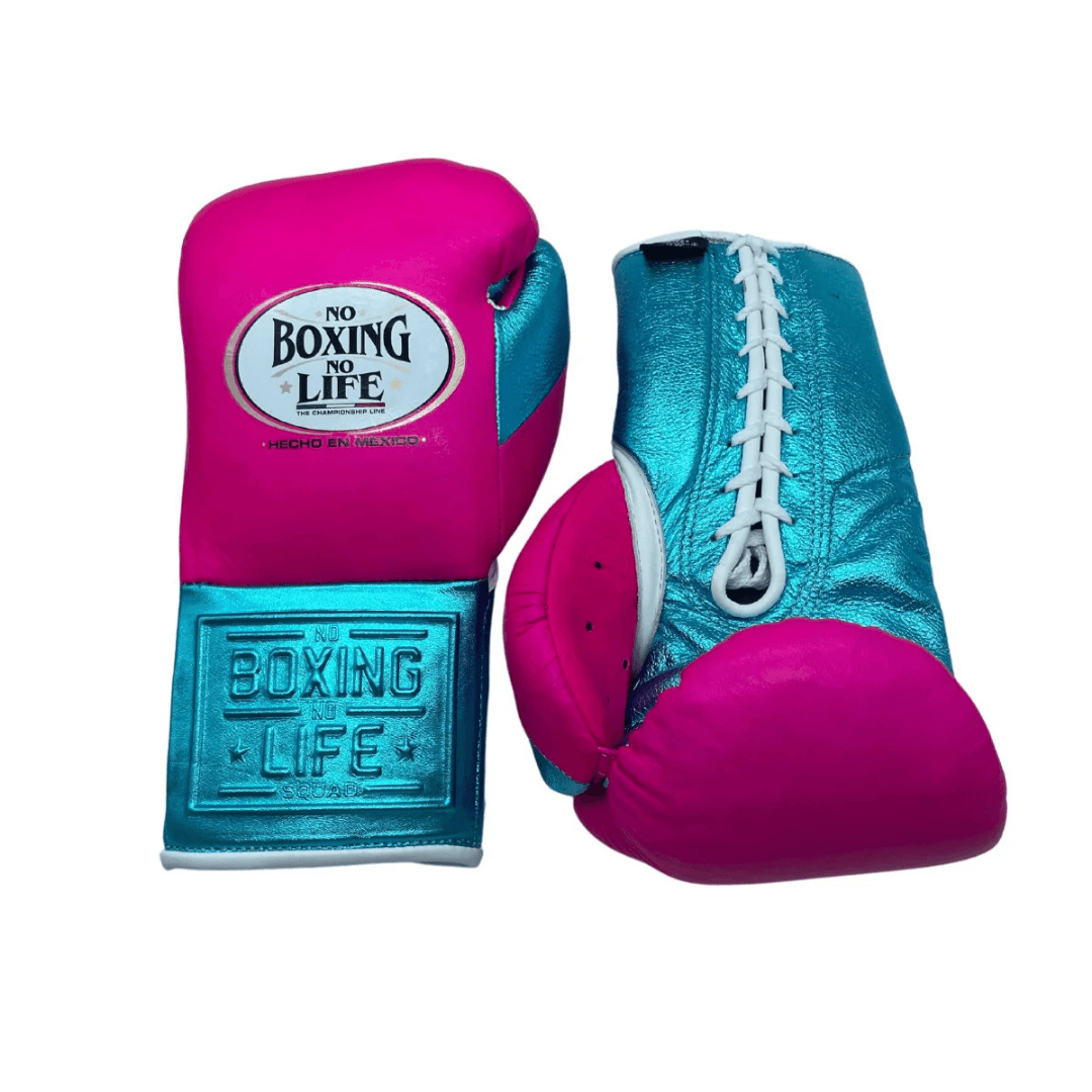 No Boxing No Life Pink/Blue Boxing Gloves Premium Leather Training Pair