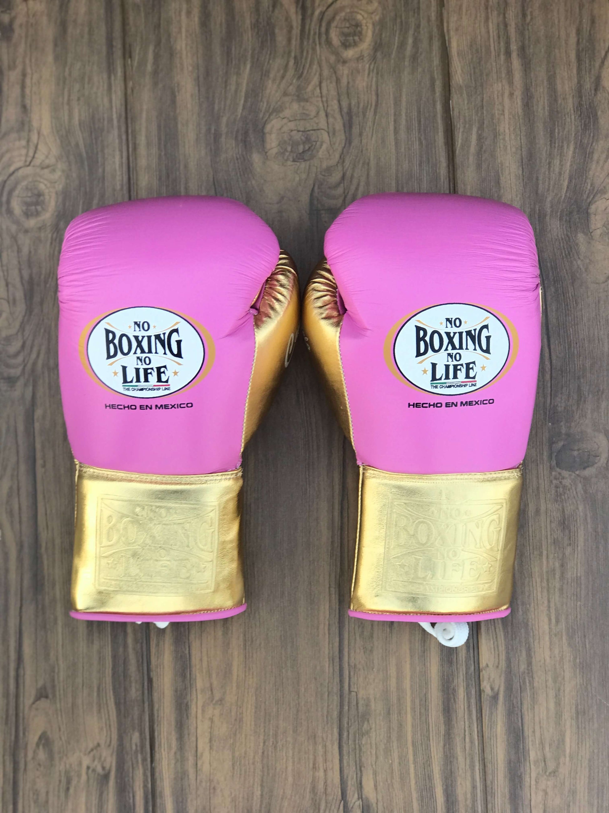 No Boxing No Life Gloves Pink/Gold Lace Up Leather Gloves Back View