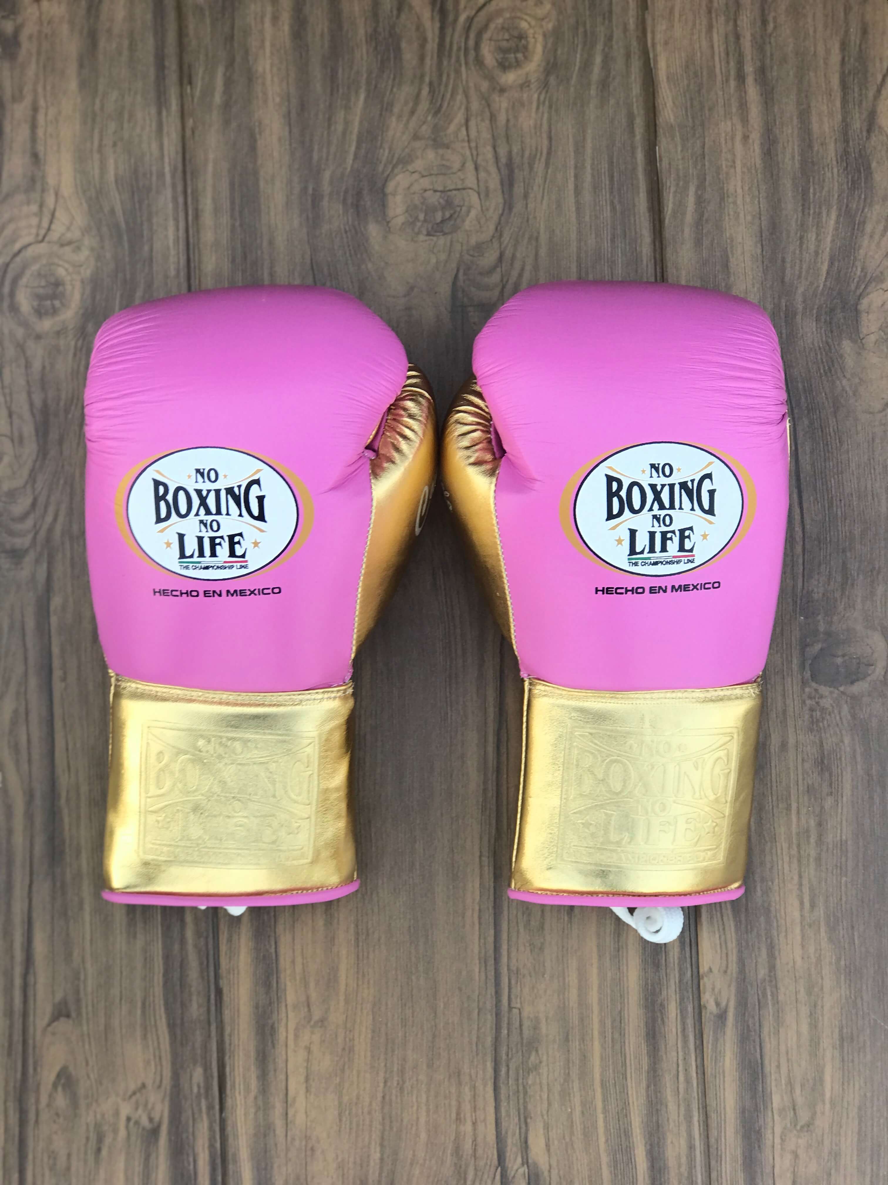 No Boxing No Life Gloves Pink/Gold Lace Up Leather Gloves Back View