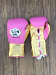 No Boxing No Life Gloves Pink/Gold Lace Up Leather Gloves Front View