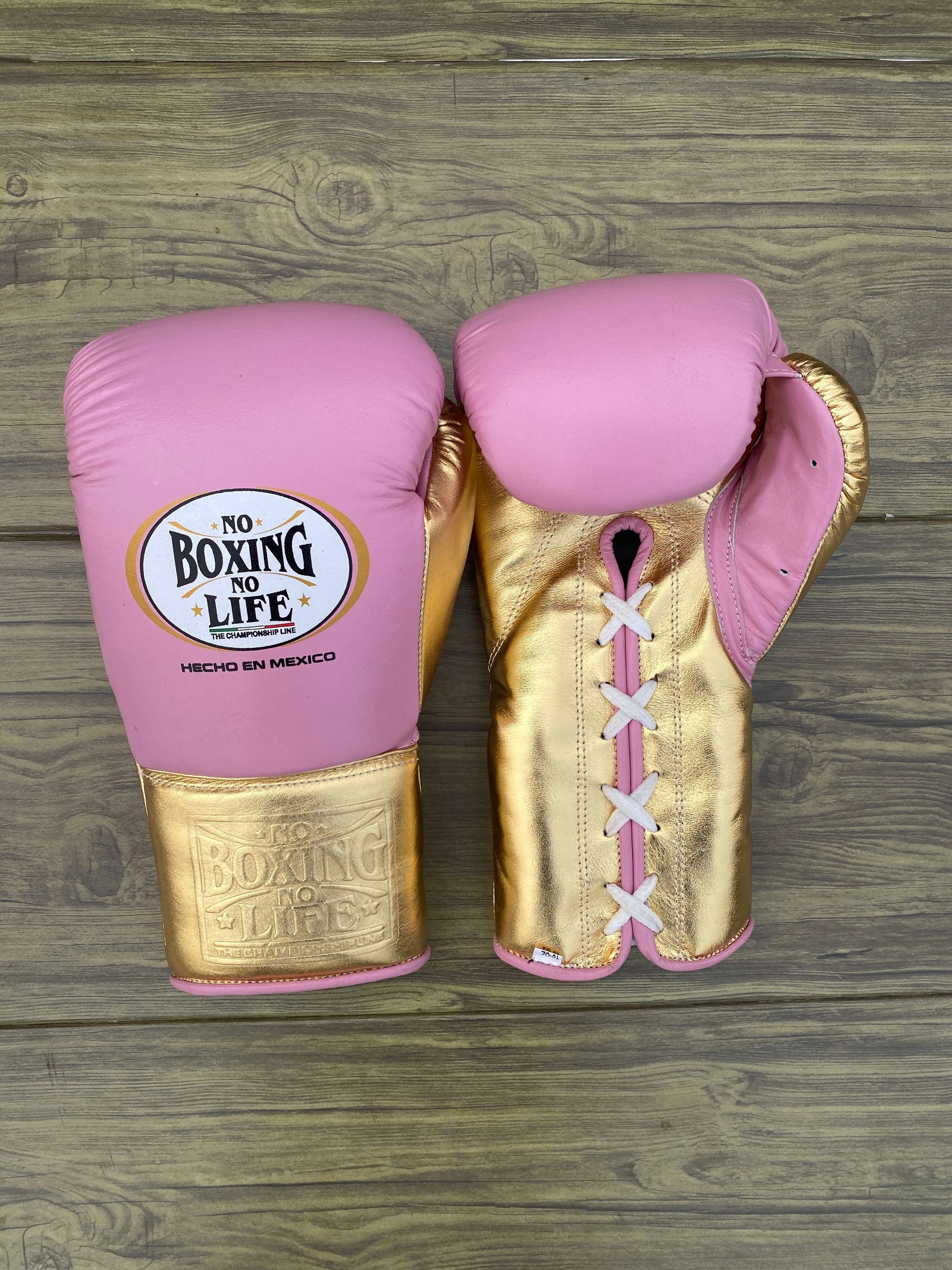 No Boxing No Life Gloves Pink/Gold Lace Up Leather Gloves for Combat Drills