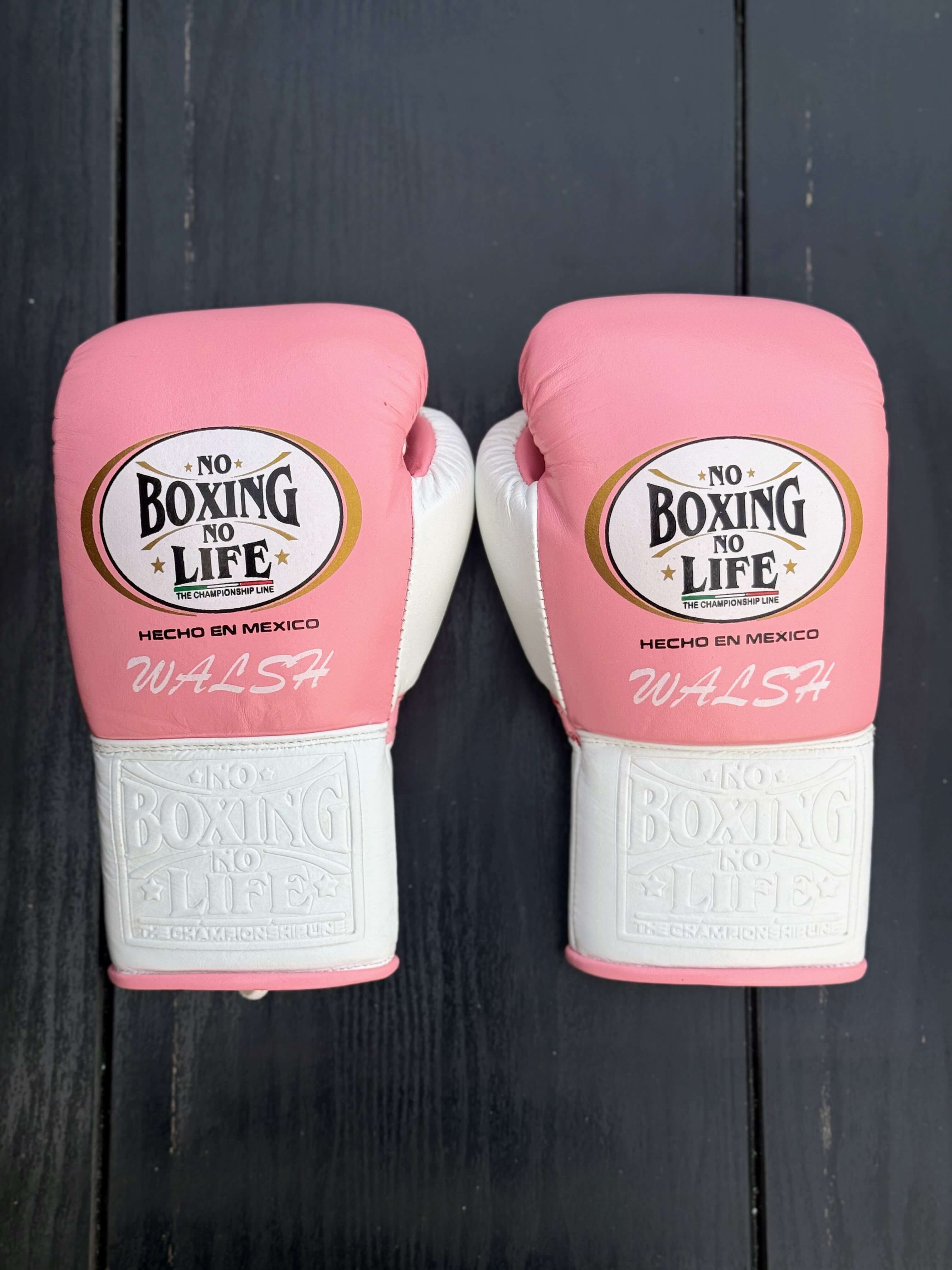 No Boxing No Life Gloves Pink/White Lace Up Leather Gloves Back View