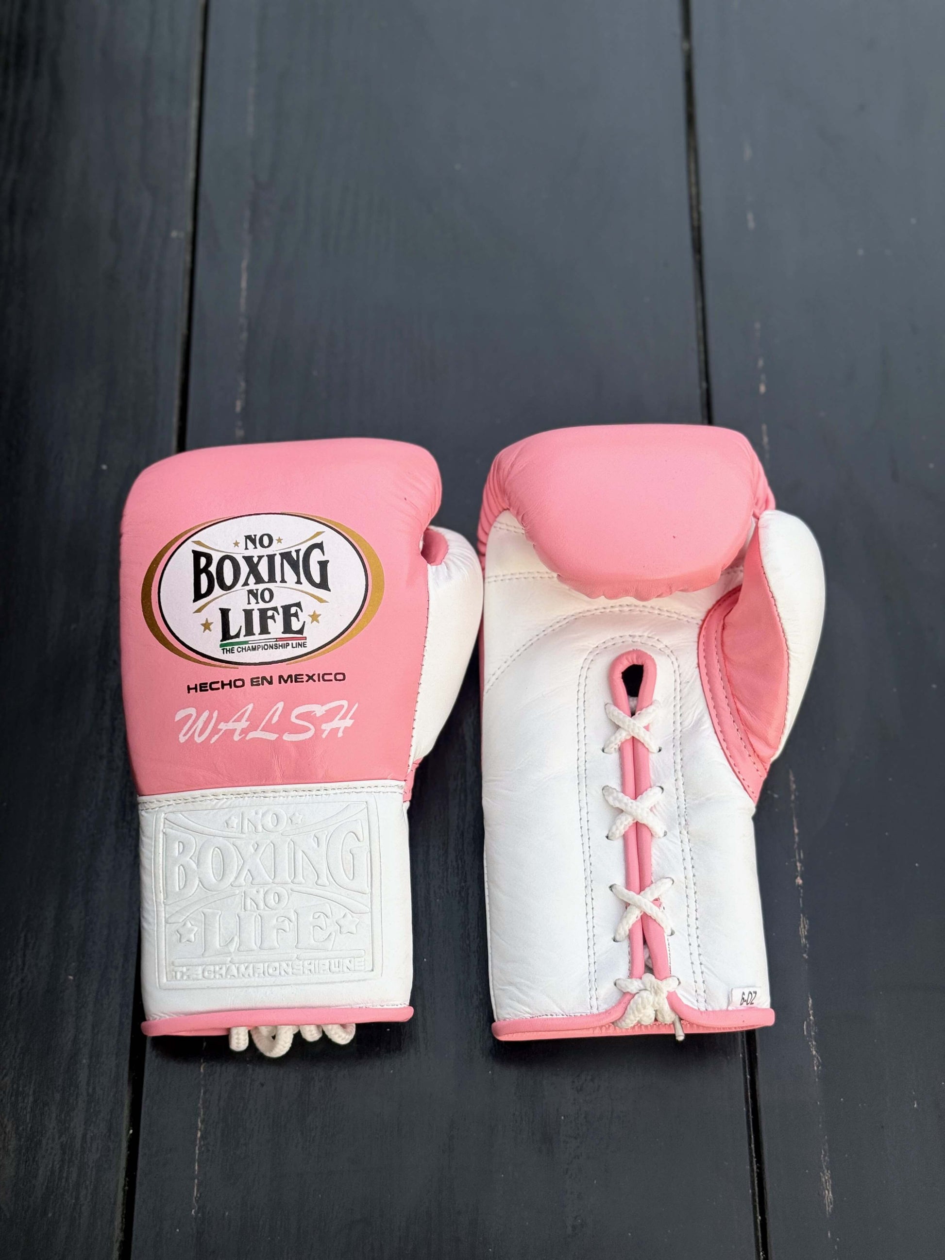 No Boxing No Life Gloves Pink/White Lace Up Leather Gloves Front View
