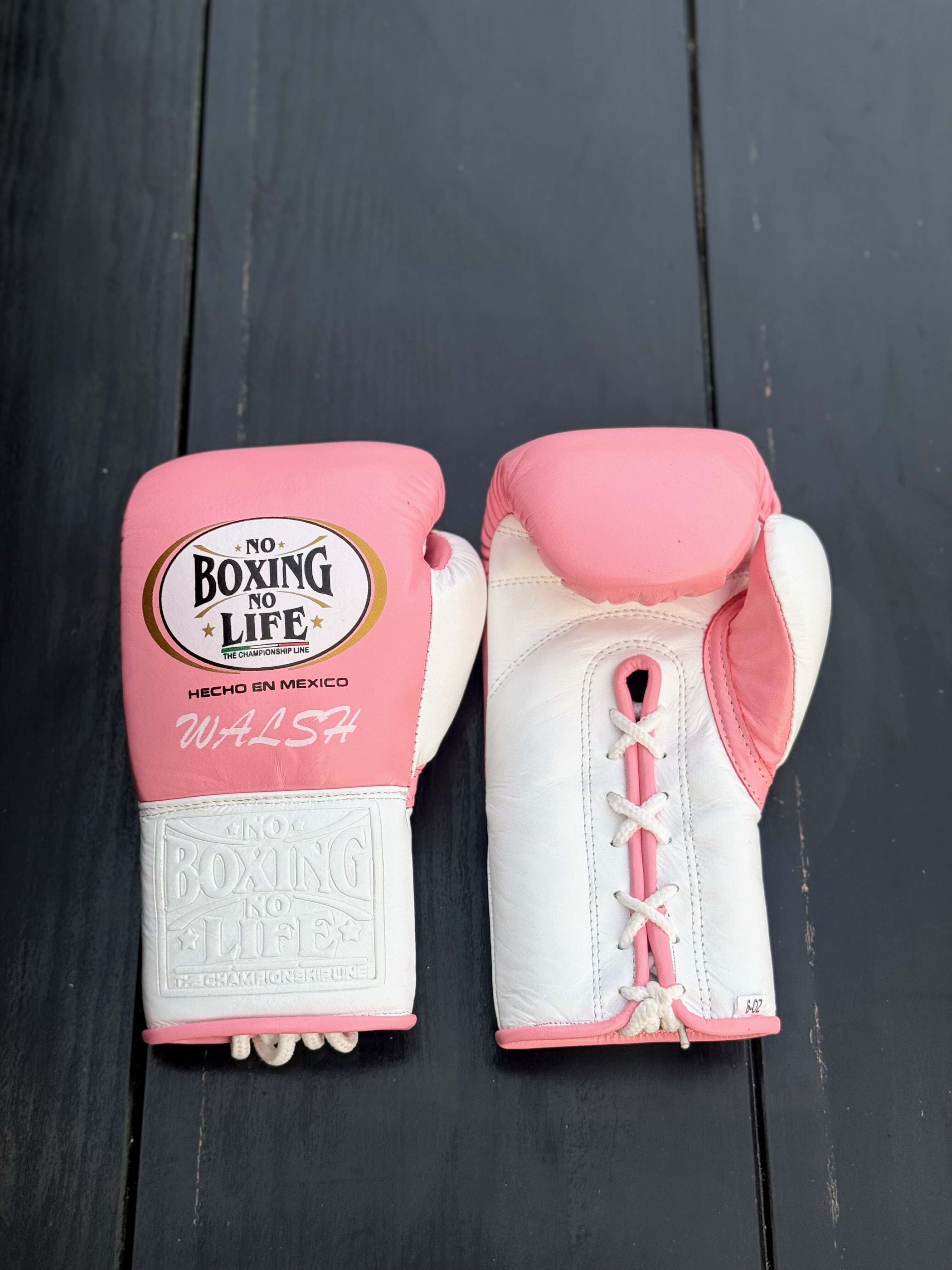 No Boxing No Life Gloves Pink/White Lace Up Leather Gloves Front View