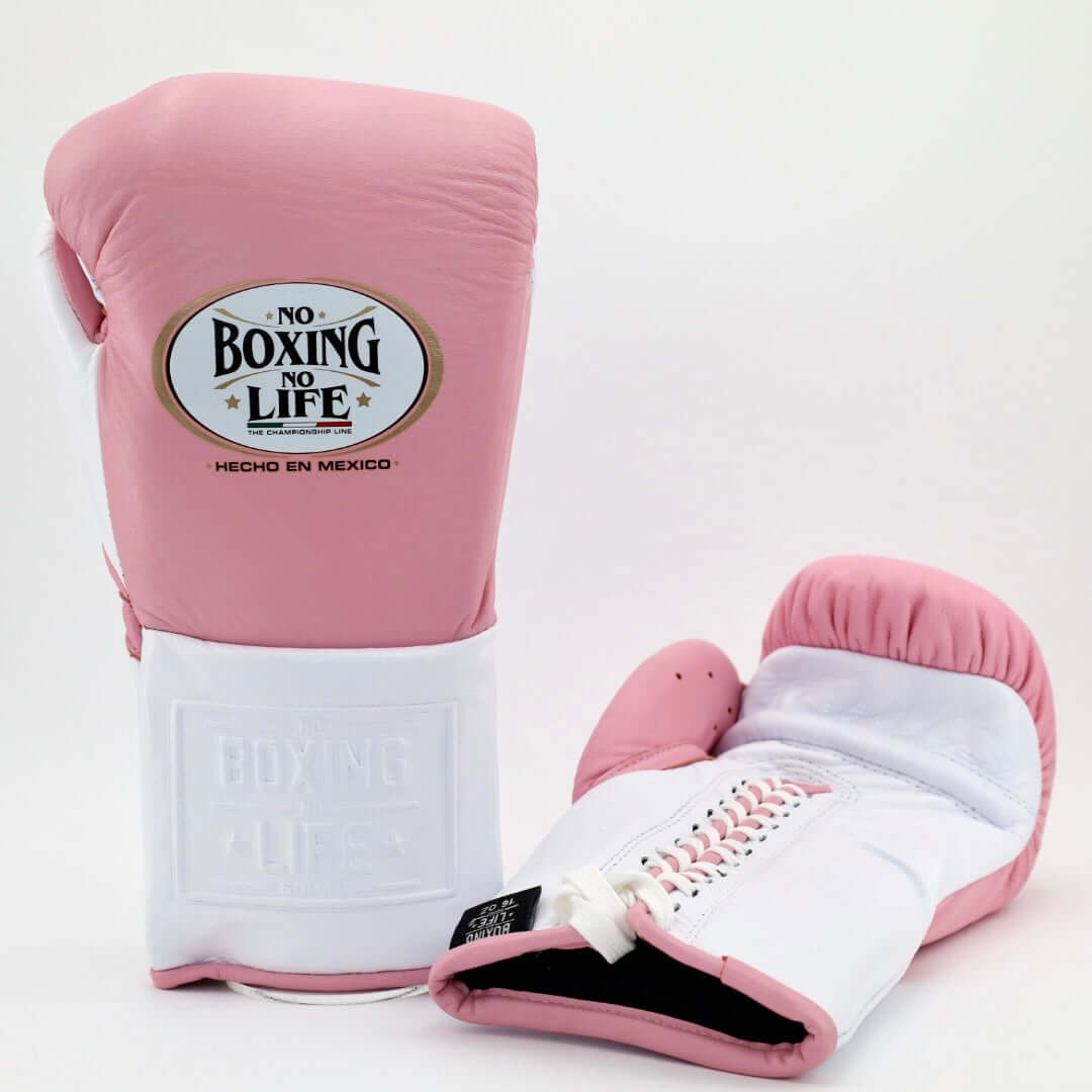 No Boxing No Life Boxing Gloves Pink/White on Hands Training Action Shot