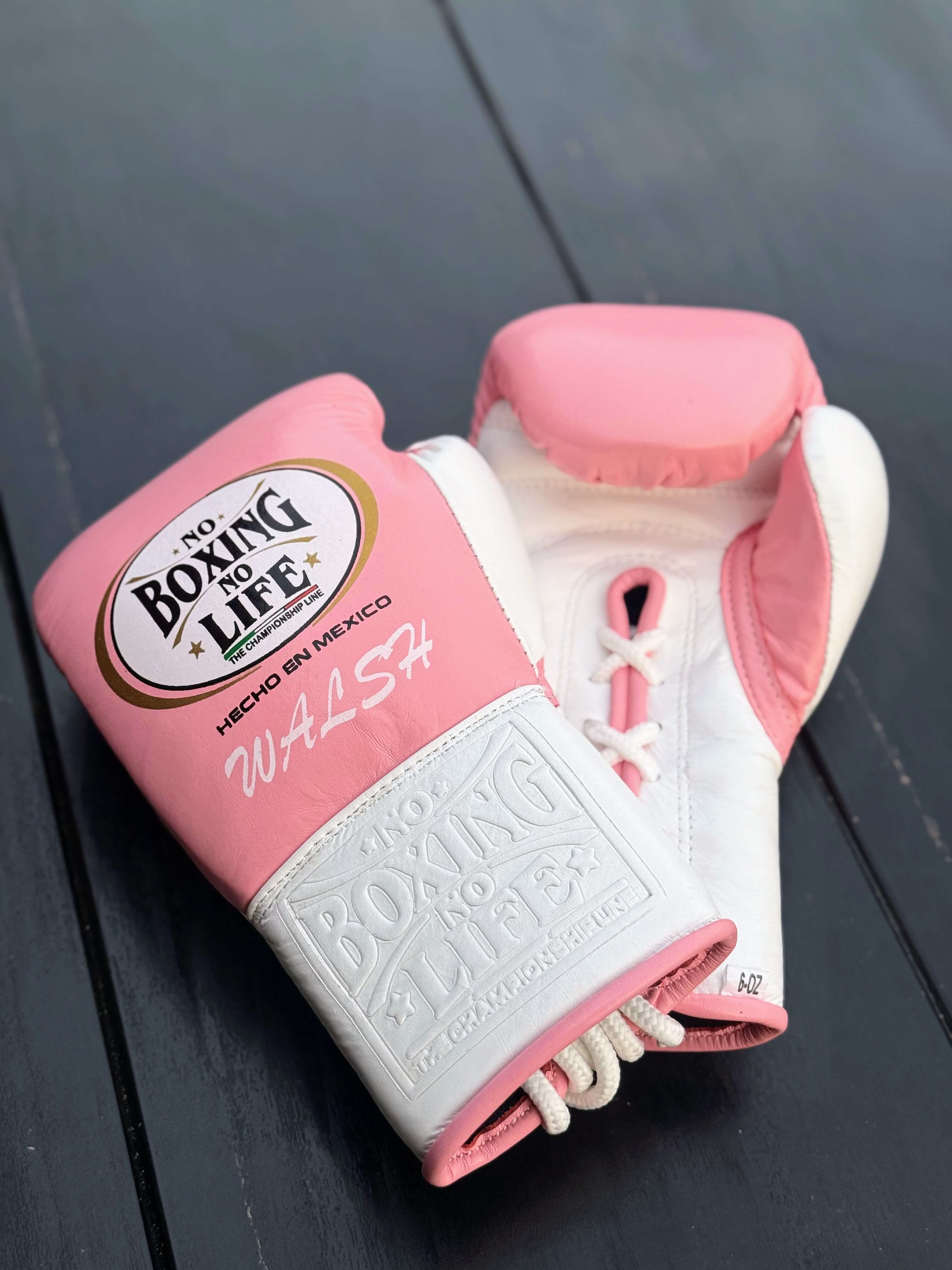 No Boxing No Life Gloves Pink/White Lace Up Leather Gloves for Combat Drills