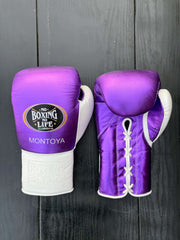 No Boxing No Life Gloves Purple/White Leather Training Gloves Front View