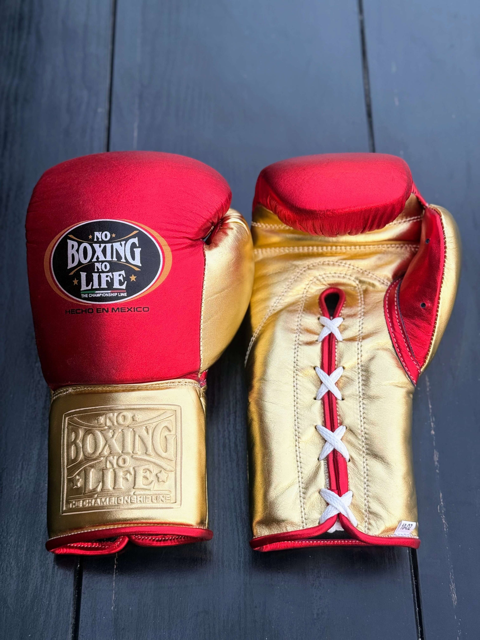 No Boxing No Life Gloves Red/Gold Leather Training Gloves Front View