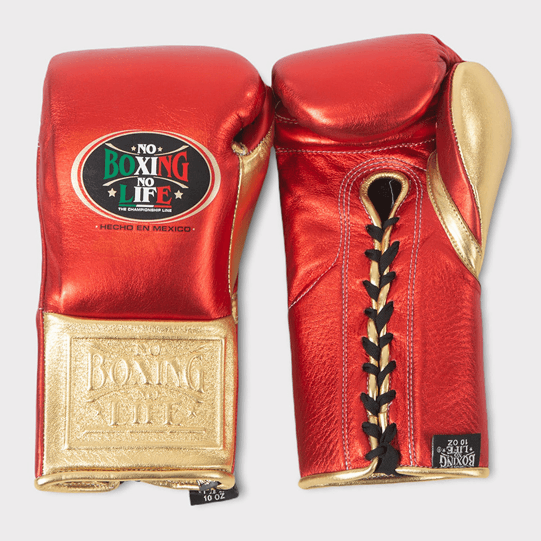 No Boxing No Life Red/Gold Lace-Up Boxing Gloves Close Up Detail