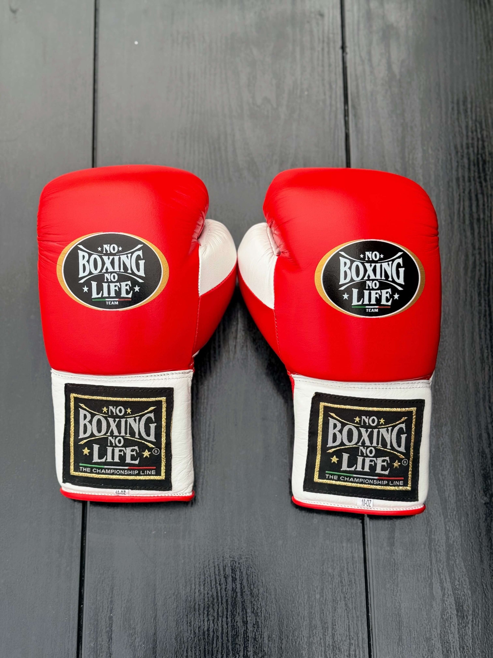 No Boxing No Life Gloves Red/White Padded Leather Training Gloves Back View