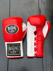No Boxing No Life Gloves Red/White Padded Leather Training Gloves Front View