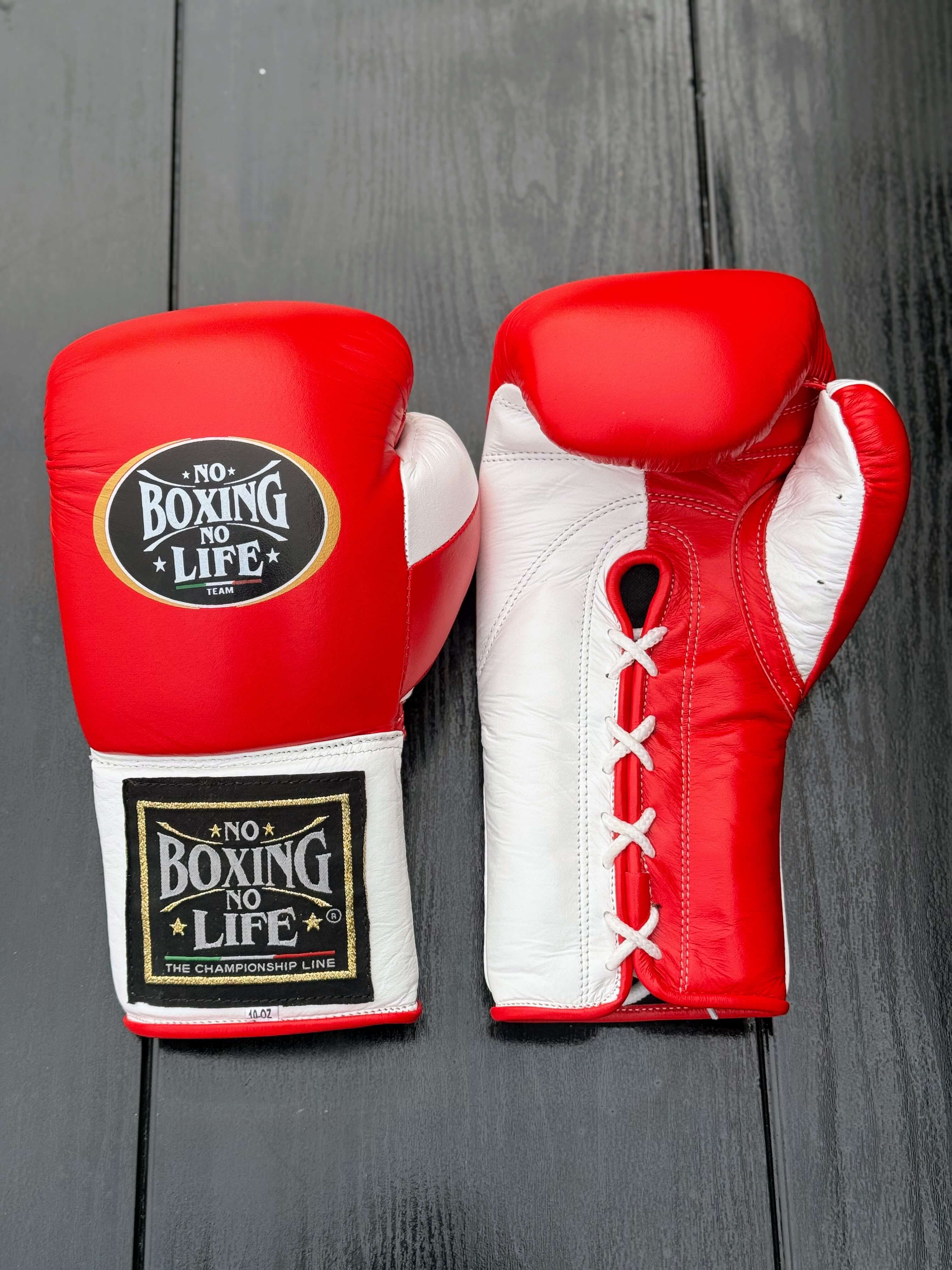 No Boxing No Life Gloves Red/White Padded Leather Training Gloves Front View