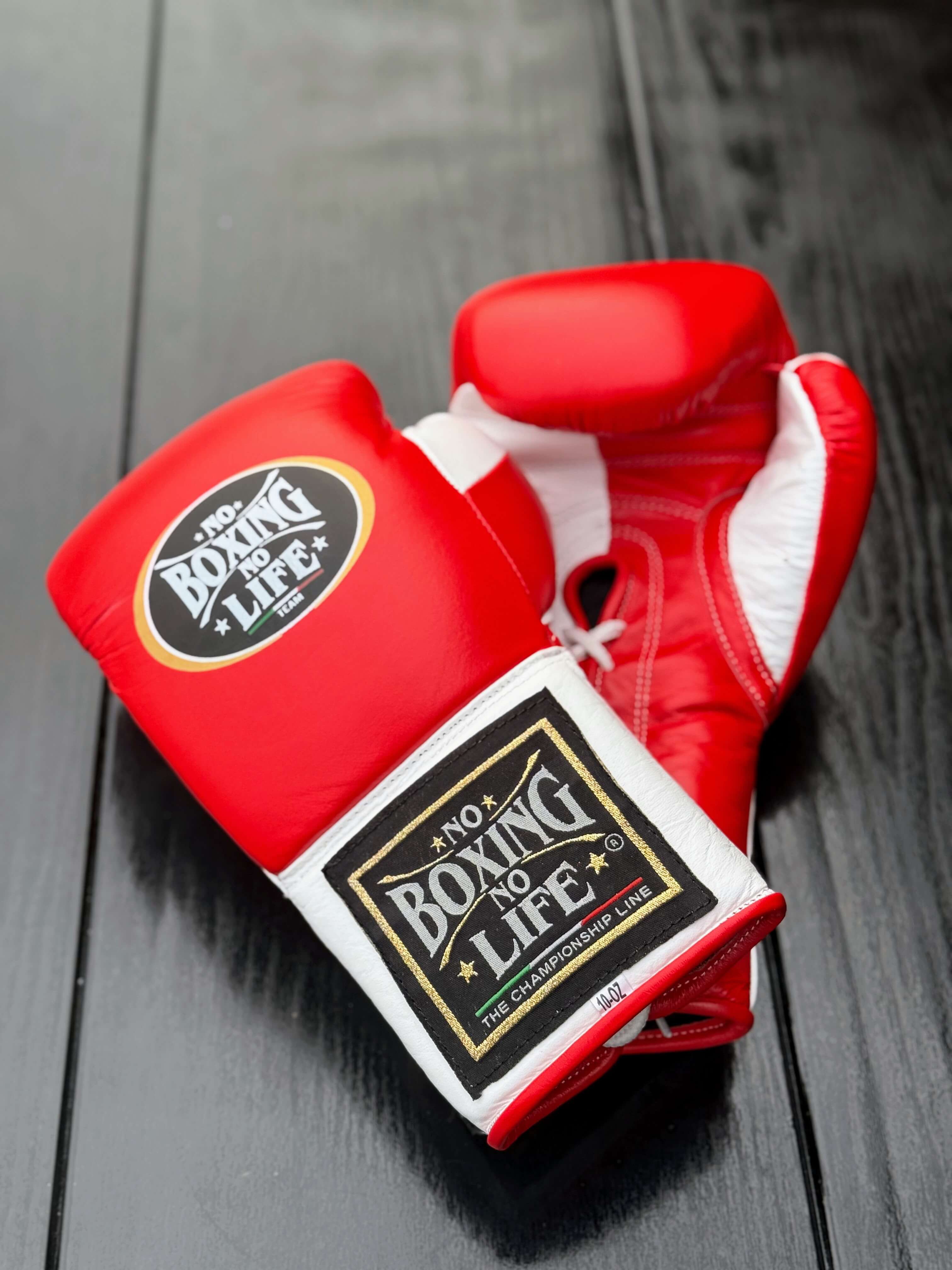 No Boxing No Life Gloves Red/White Padded Leather Training Gloves