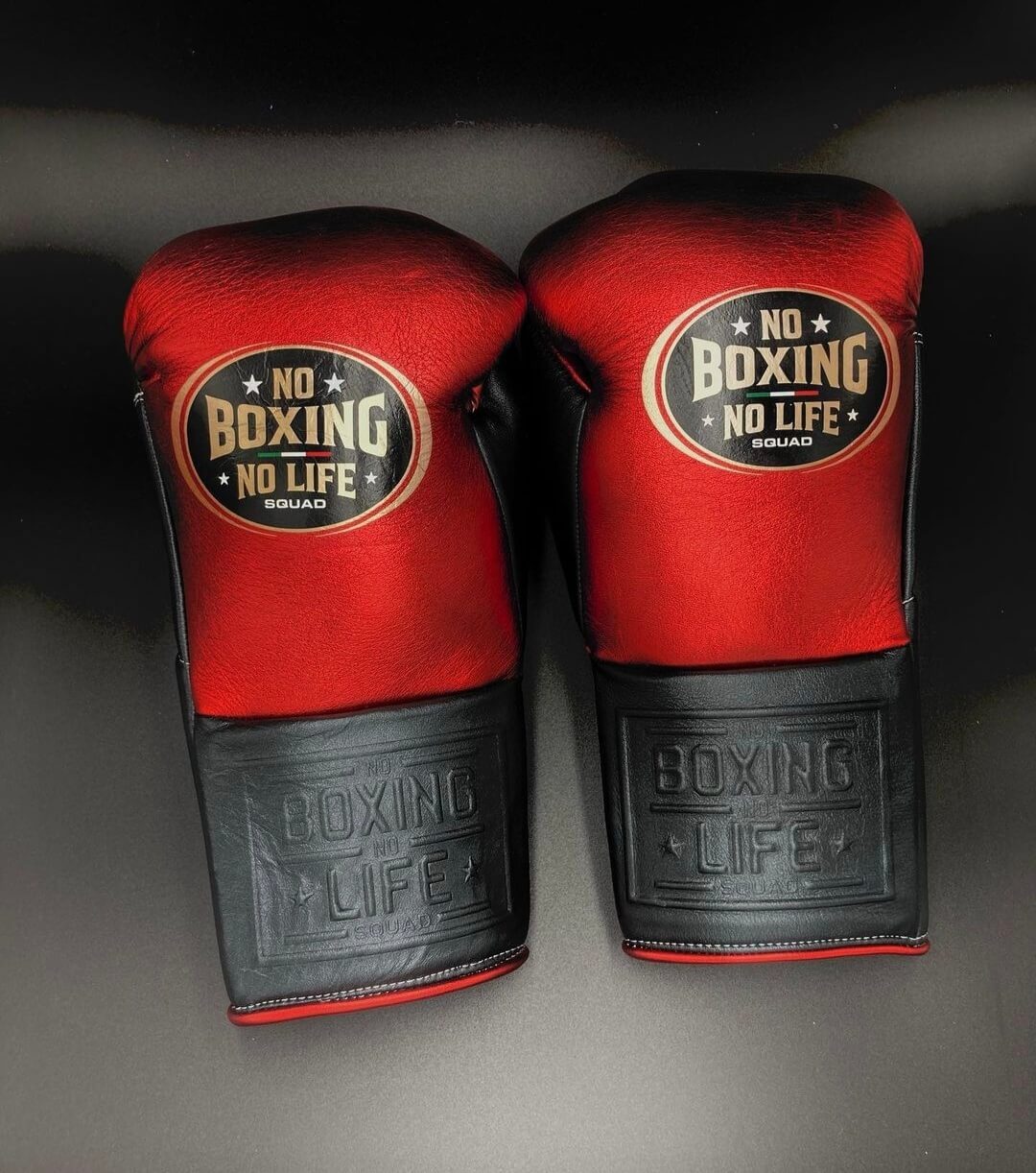 No Boxing No Life Red/Black Lace-Up Boxing Gloves Close Up Detail