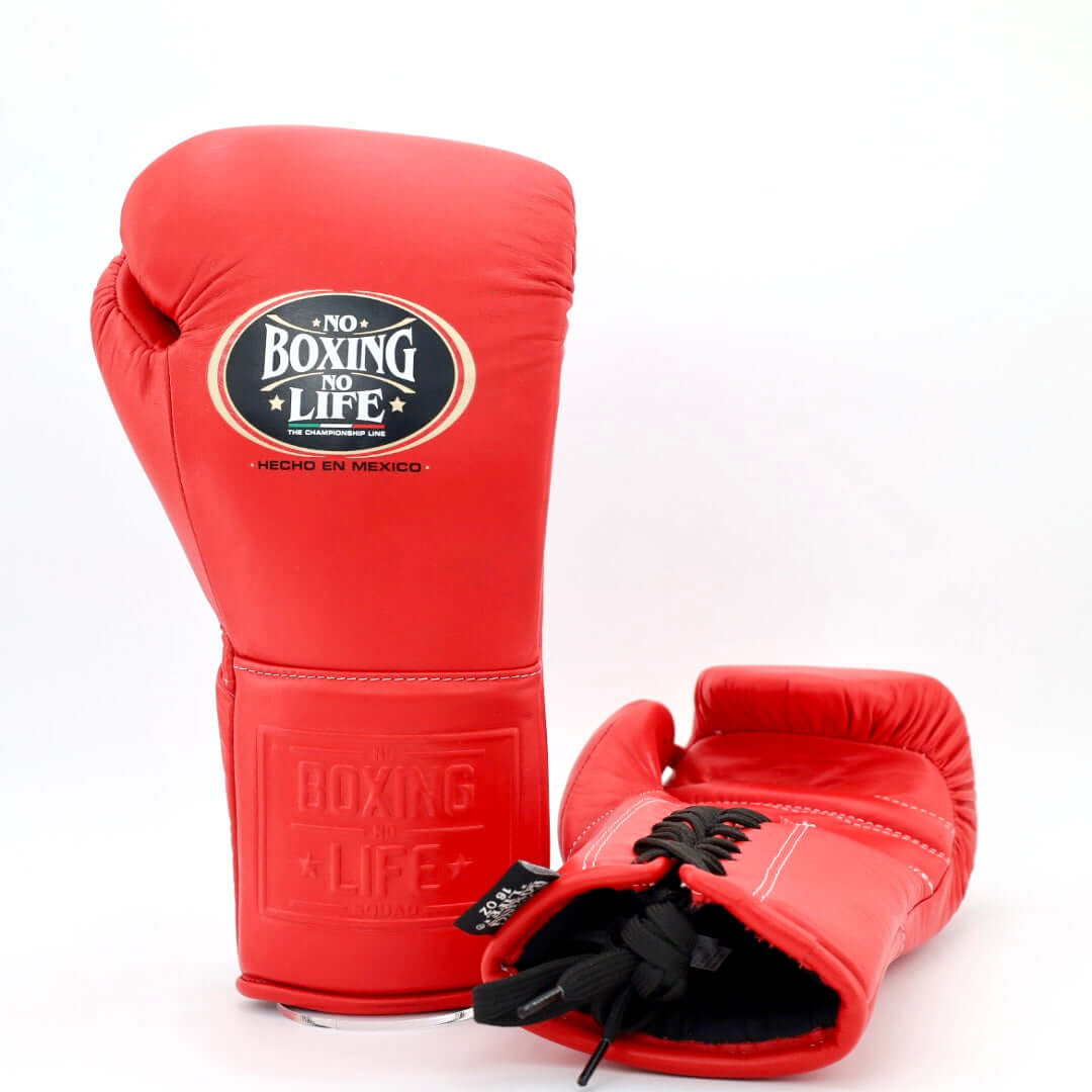 No Boxing No Life Red Lace-Up Boxing Gloves Close Up Detail
