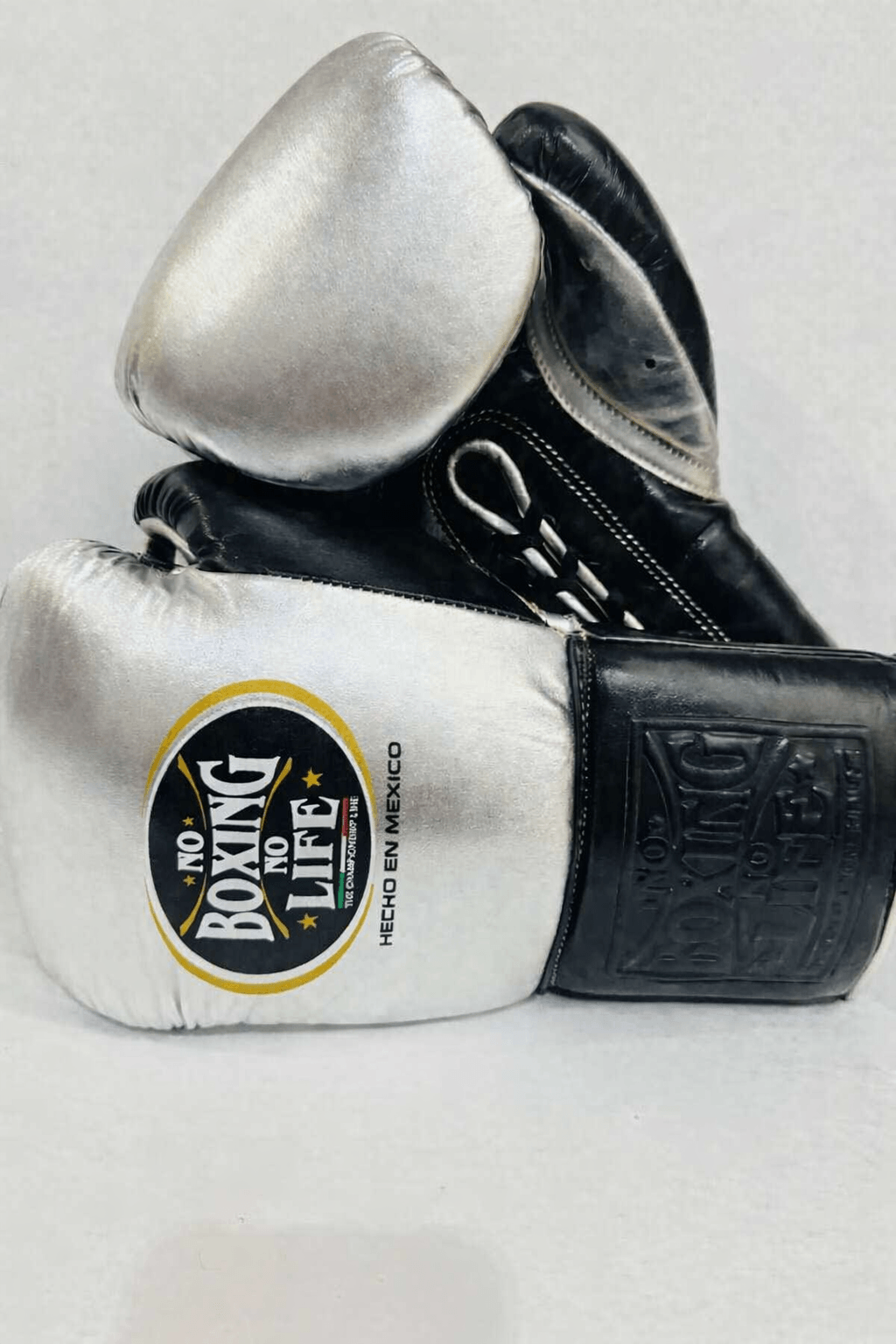 No Boxing No Life Silver/Black Boxing Gloves Premium Leather Training Pair