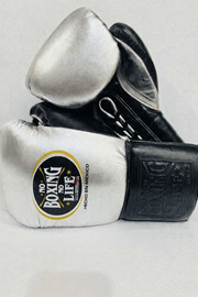 No Boxing No Life Silver/Black Boxing Gloves Premium Leather Training Pair