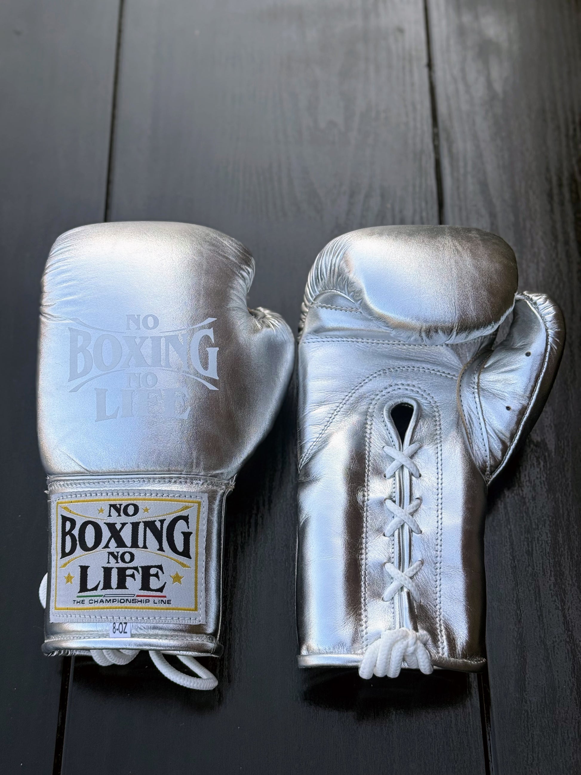 No Boxing No Life Gloves Silver Leather Gloves Front View