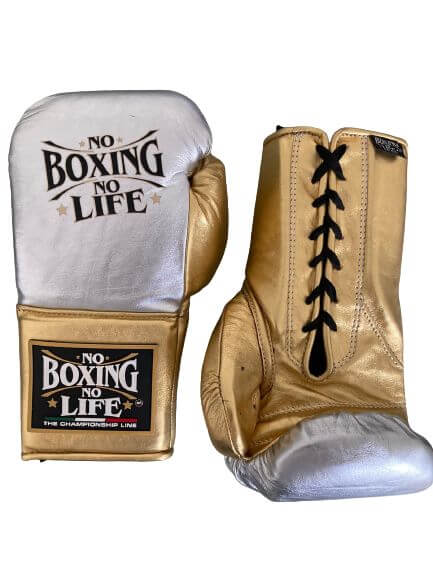 No Boxing No Life Silver/Gold Boxing Gloves Premium Leather Training Pair