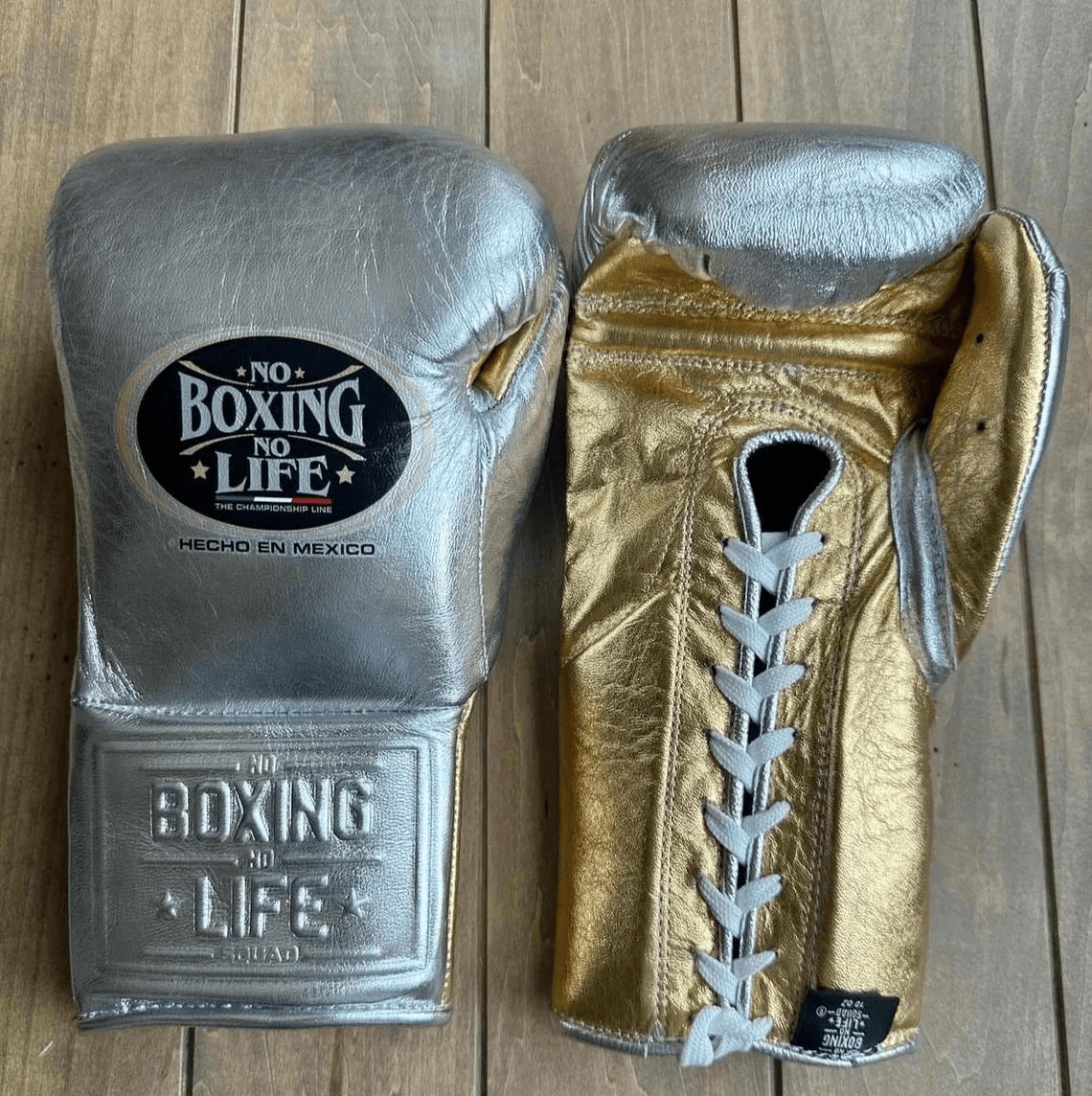 No Boxing No Life Silver/Gold Leather Boxing Gloves Custom Fit Training