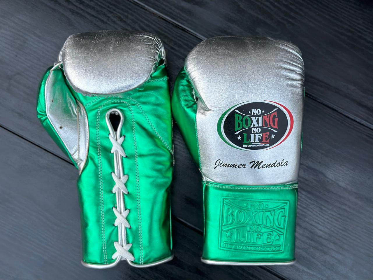 No Boxing No Life Gloves Silver/Green Curved Leather Gloves Back View