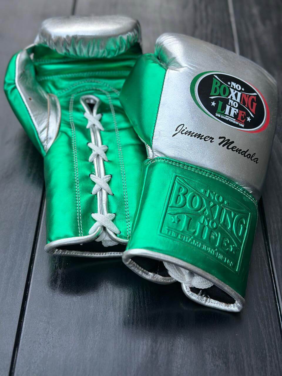 No Boxing No Life Gloves Silver/Green Curved Leather Gloves for MMA Training