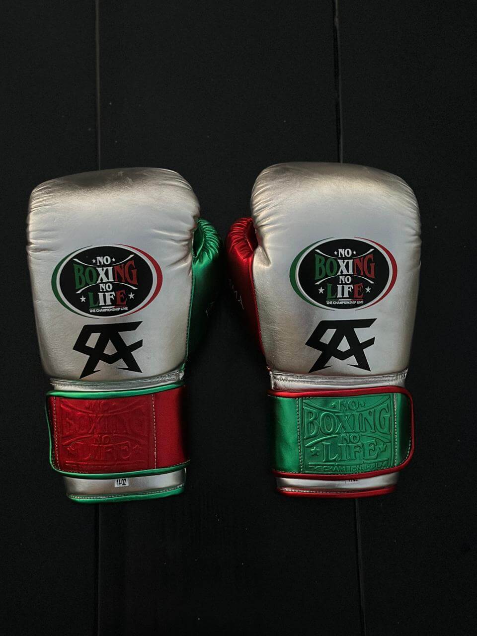No Boxing No Life Gloves Silver/Red/Green Leather Training Gloves Back View