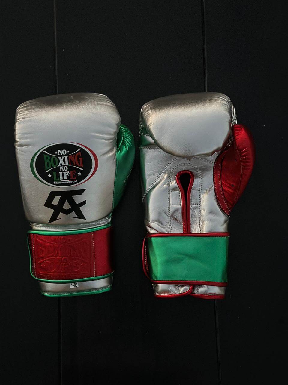 No Boxing No Life Gloves Silver/Red/Green Leather Training Gloves Front View