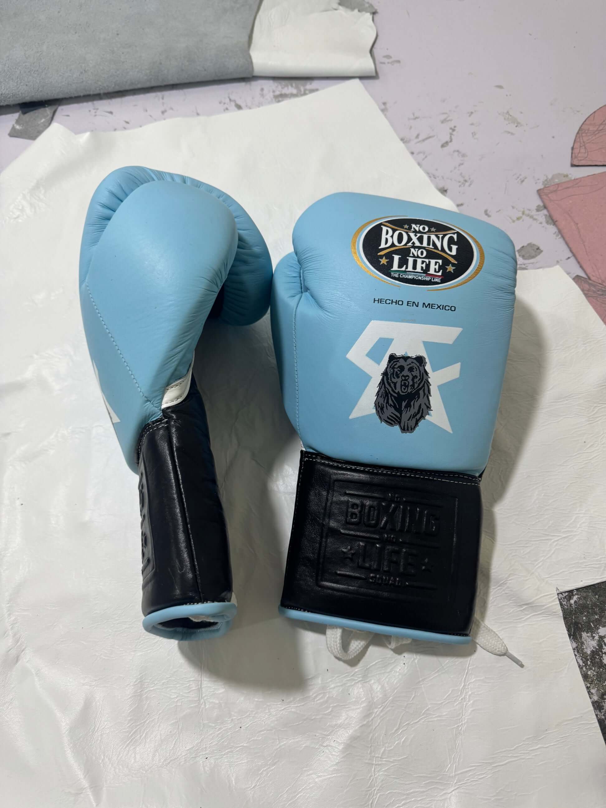 No Boxing No Life Blue/Black Boxing Gloves Premium Leather Training Pair Side View
