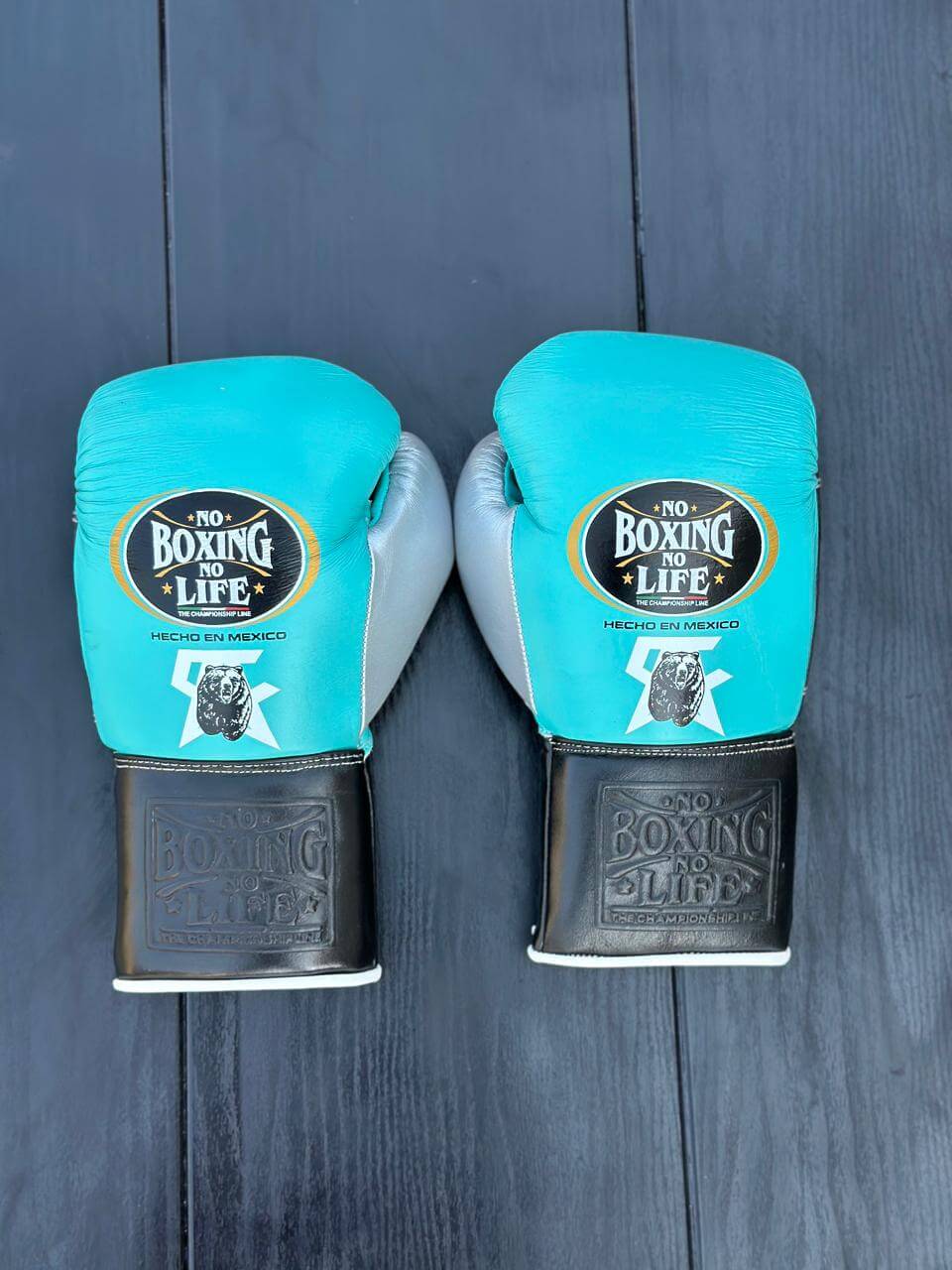 No Boxing No Life Gloves Teal/Black/Silver Padded Leather Gloves Back View