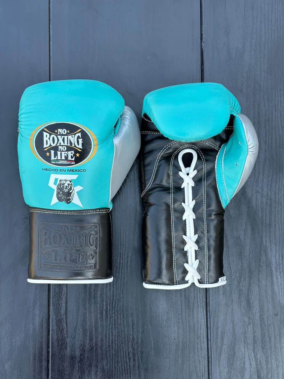 No Boxing No Life Gloves Teal/Black/Silver Padded Leather Gloves Front View