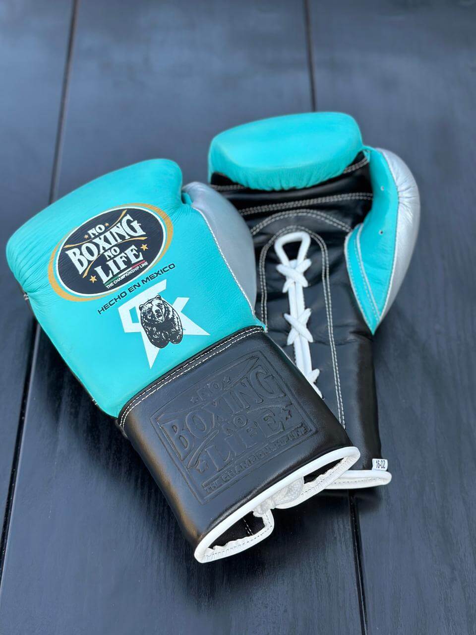 No Boxing No Life Gloves Teal/Black/Silver Padded Leather Gloves