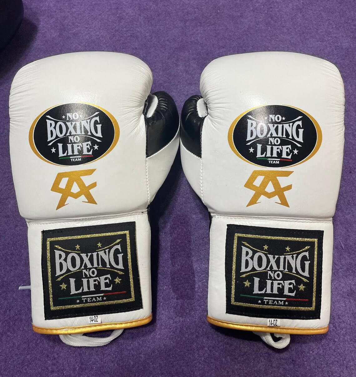 No Boxing No Life White/Black/Gold 14oz Boxing Gloves Custom Sparring Gloves