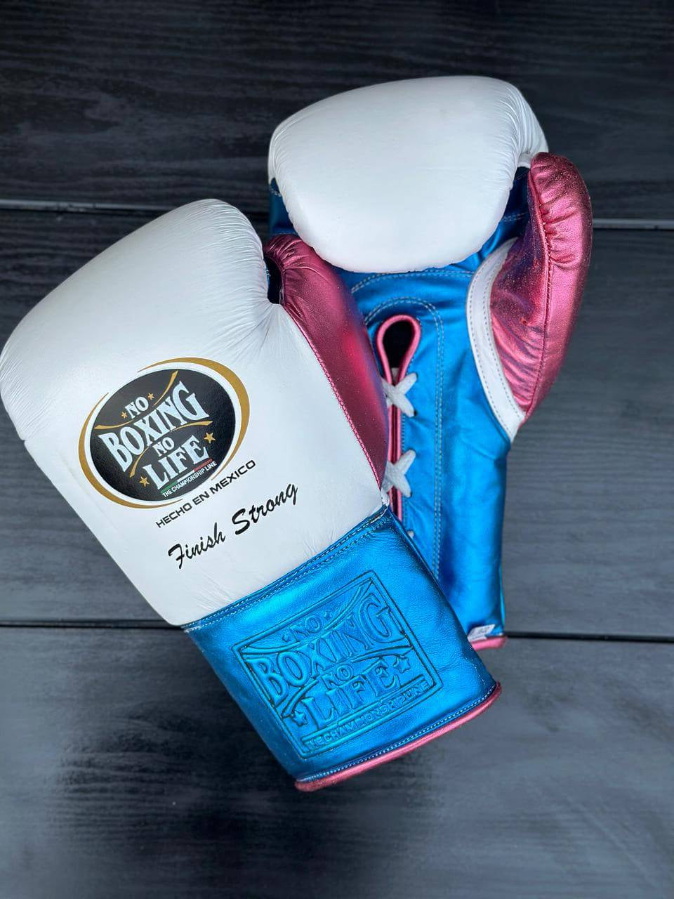 No Boxing No Life White/Blue/Pink Boxing Gloves Front View
