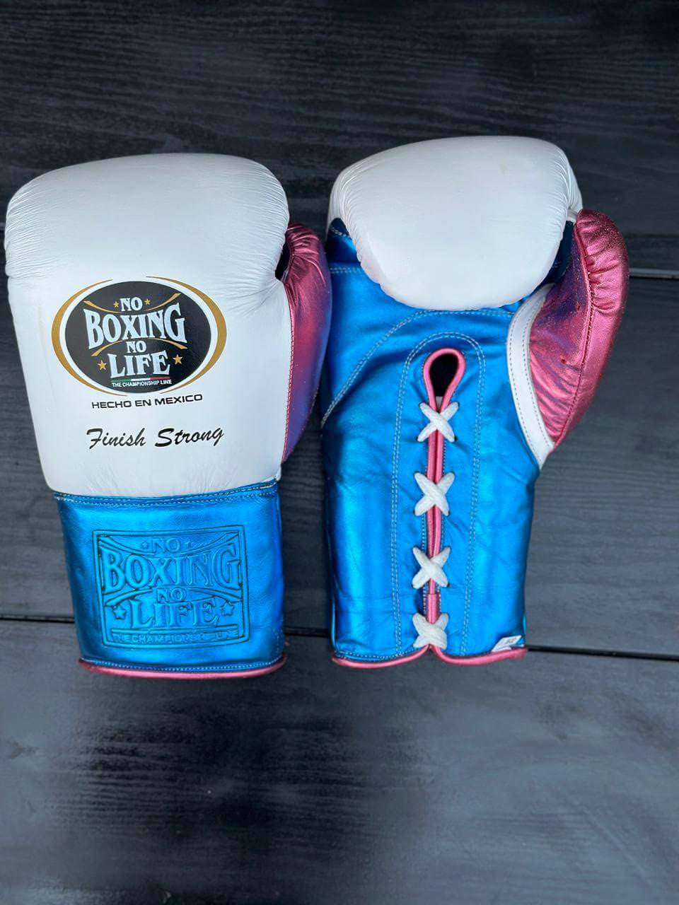 No Boxing No Life Gloves White/Blue/Pink Padded Leather Gloves Front View