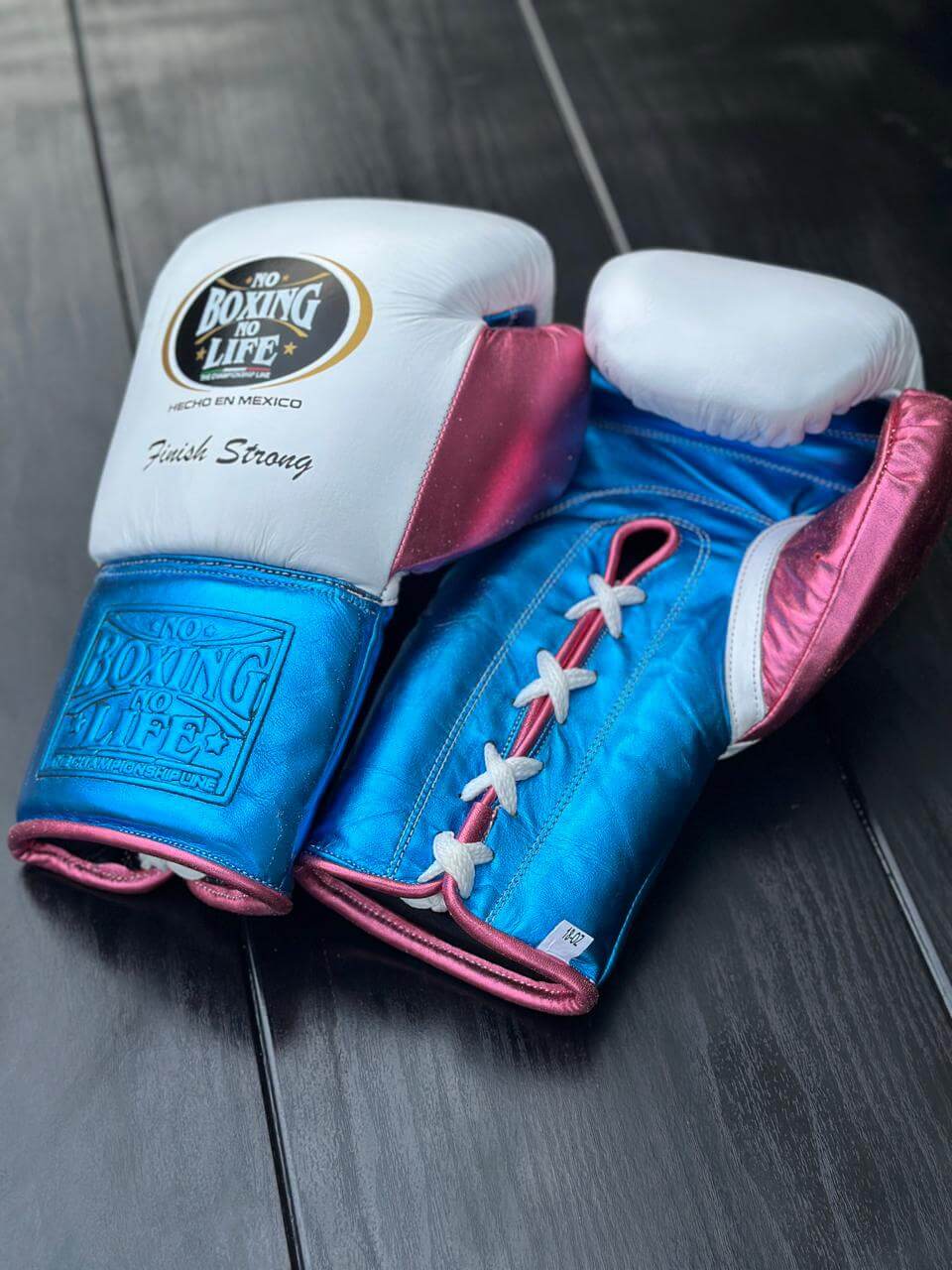 No Boxing No Life Gloves White/Blue/Pink Padded Leather Gloves Side View