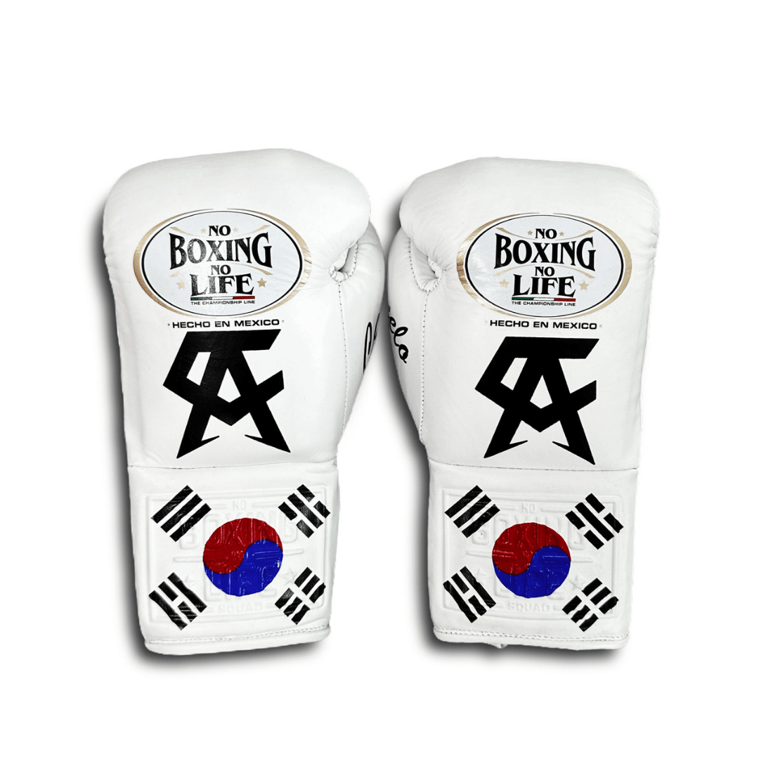 No Boxing No Life White Lace-Up Boxing Gloves Close Up Detail