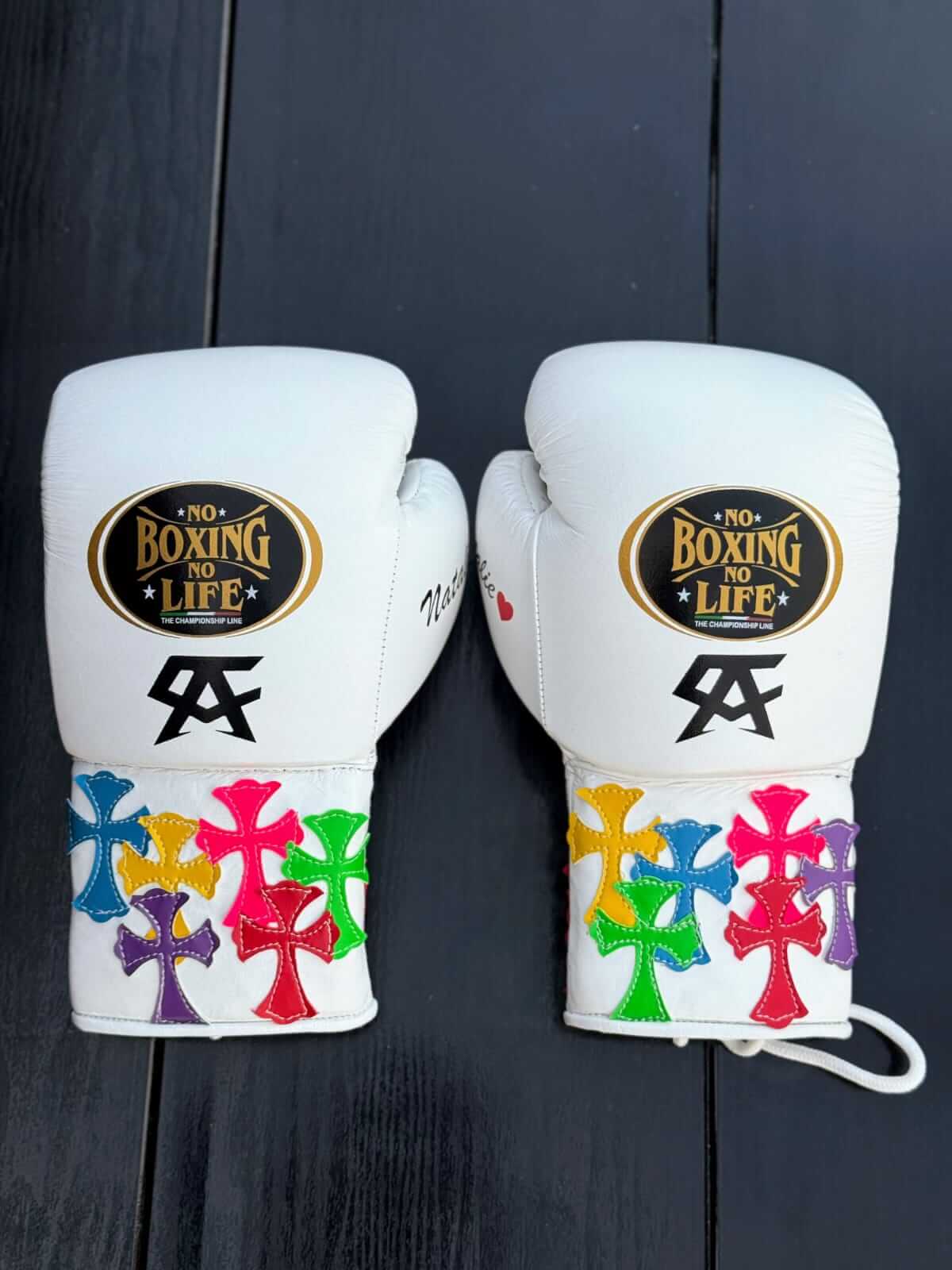 No Boxing No Life Boxing Gloves White 14oz Leather Training Gloves Back View