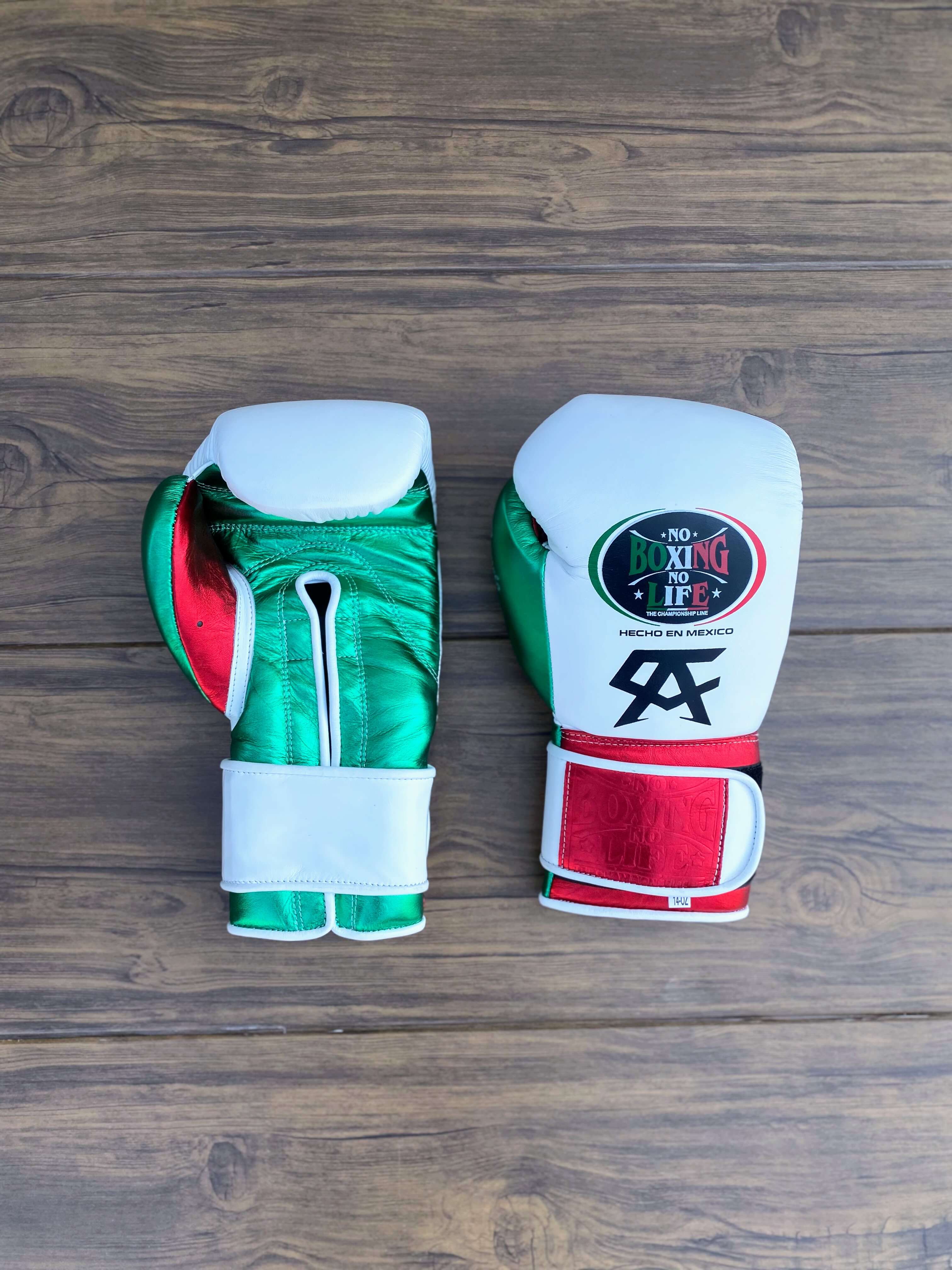 No Boxing No Life Gloves White/Green/Red Curved Leather Gloves Front View