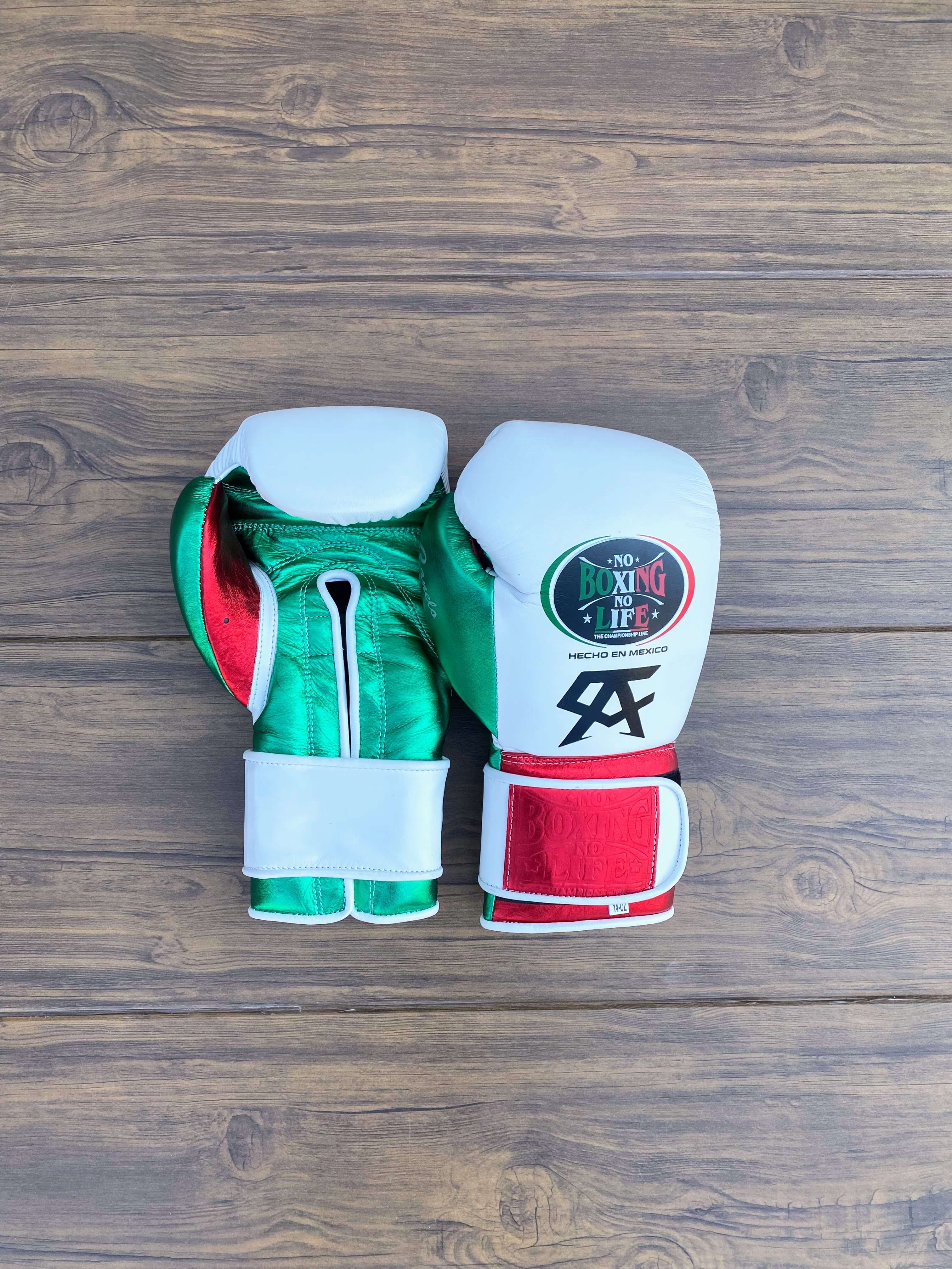 No Boxing No Life Gloves White/Green/Red Curved Leather Gloves for MMA Training