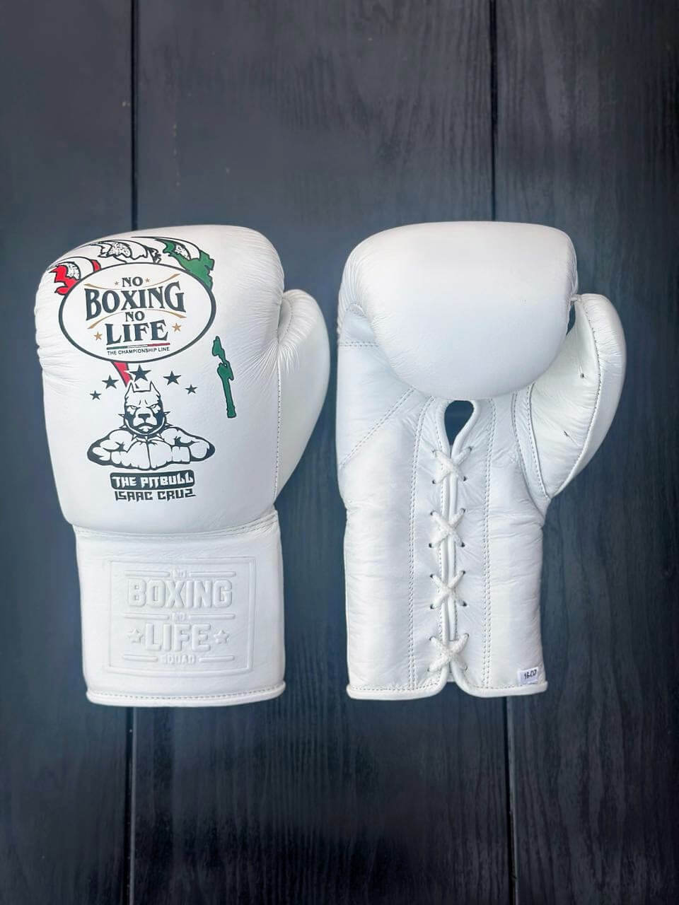 No Boxing No Life Gloves White Lace Up Leather Gloves Front View