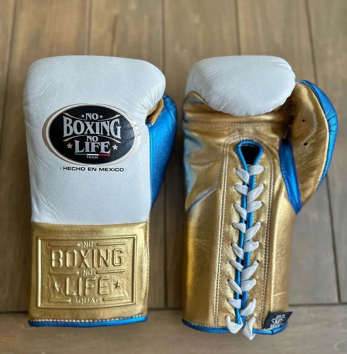 No Boxing No Life White/Gold/Blue Boxing Gloves Durable Sparring Gloves