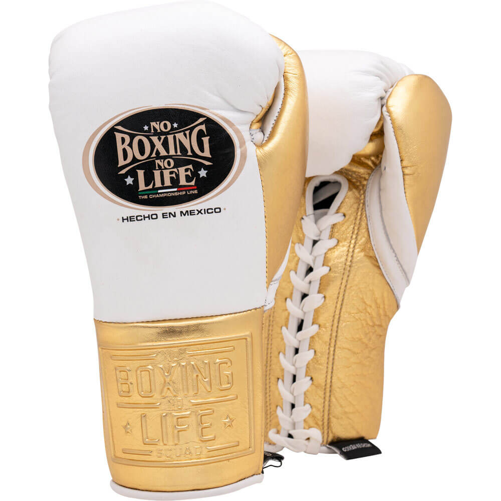 No Boxing No Life White/Gold 14oz Boxing Gloves Custom Sparring Gloves