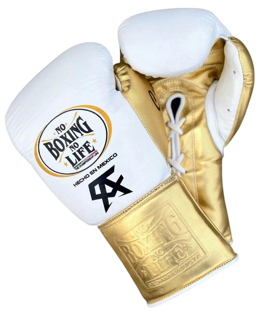 No Boxing No Life Boxing Gloves White/Gold 14oz Leather Training Gloves