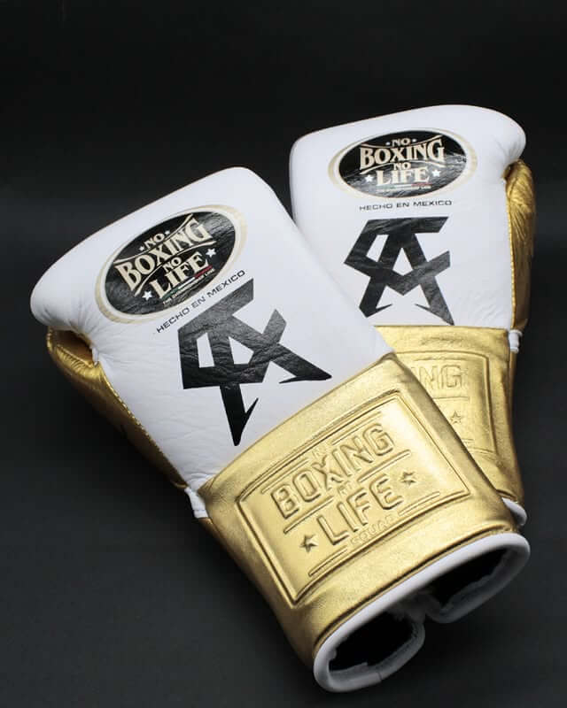 No Boxing No Life White/Gold Leather Boxing Gloves Custom Fit Training